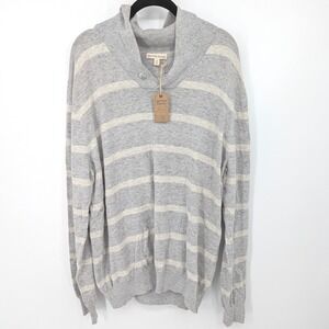 British Khaki Pullover Sweater Mens XL Gray Striped Cotton Shawl Collar Preppy